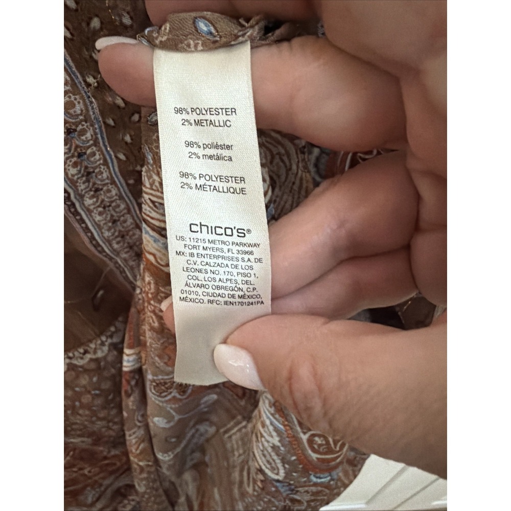 Chicos Top Shirt Blouse Womens Size 3 US XL Brown Paisley Sheer Light V Neck - Picture 4 of 9